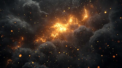 Obraz premium A stormy dark sky with black clouds and sparkling lightning from behind which the sun and direct sunlight are visible. 3d render