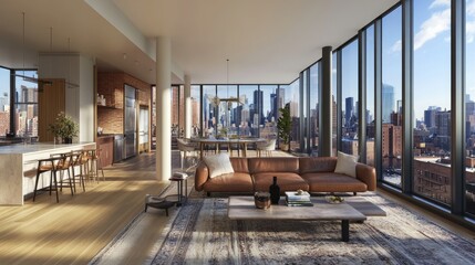 Fototapeta premium Spacious Modern Living Room with City Skyline View, Elegant Furniture, Natural Light, and Contemporary Design Elements Showcasing Urban Luxury