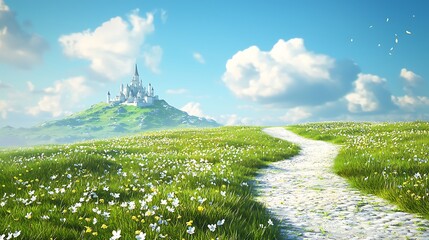 White road to the castle on the hill, green lawns with small blooming flowers under a clear sky 3d illustration