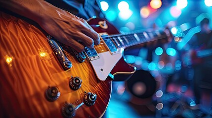 Naklejka premium Close up of a musician's hand playing an electric guitar on stage with colorful lights in the background.