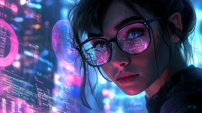 Women in glasses reading html scripts, programming and cyber security research, plus data analytics and holograms of data. A coding or IT person in glasses is reading html scripts, programming