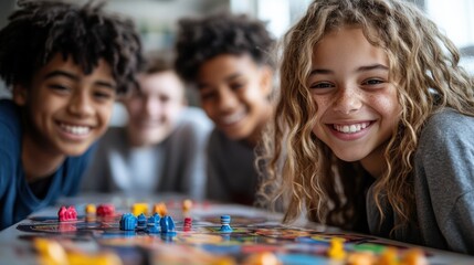 Fototapeta premium Children enjoying a board game together, smiling and having fun.
