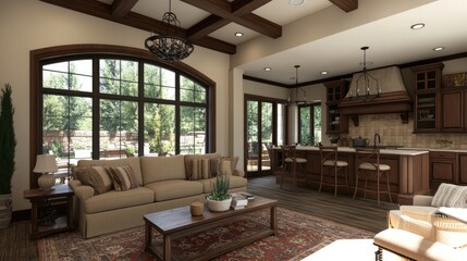 Fototapeta premium Cozy and Inviting Living Room with Natural Light, Open Space Concept, Elegant Furnishings, and Modern Kitchen for Comfortable Family Gatherings and Entertaining