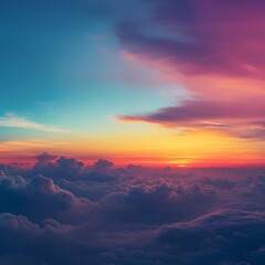 Dynamic sunset with layers of clouds, colorful, radiant, peaceful.