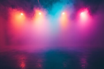 Colorful stage lights illuminating foggy concrete, cinematic, moody, dramatic, colorful