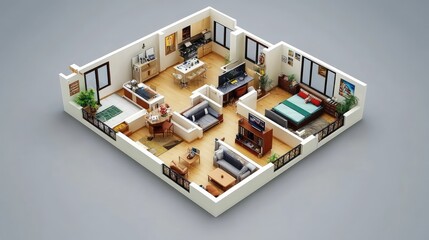 Modern Stylish Apartment Interior Design with Open Layout Featuring Living Area, Kitchen, Dining Space, Bedroom, and Decorative Elements