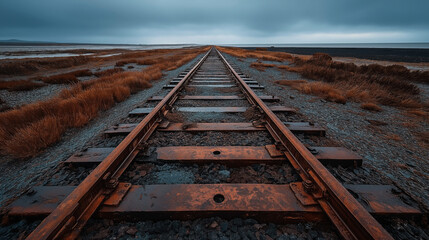 Obraz premium Rustic railway track extending into the horizon, surrounded by dry grass and a moody sky