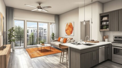 Fototapeta premium Modern Apartment Interior with Open Concept Living Area, Bright Natural Light, Stylish Furniture, and Scenic View from Balcony in a Contemporary Setting