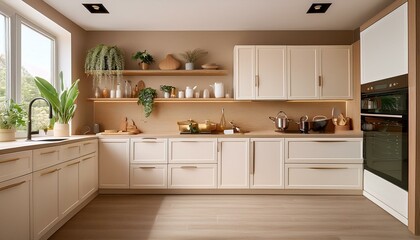 Fototapeta premium Beige modern home kitchen interior with cooking cabinet and kitchenware