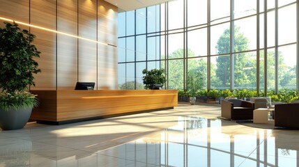 Modern and Bright Lobby with Wooden Reception Desk and Green Plants in Contemporary Office Space Featuring Large Windows and Reflective Floor