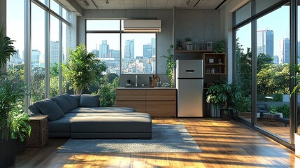 Fototapeta premium Modern living room with city view and greenery.