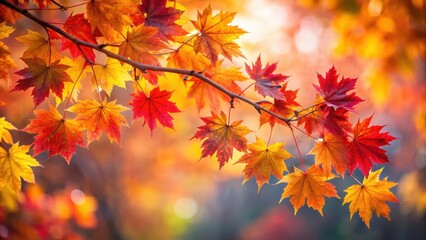Fototapeta premium Autumnal Maple Leaves in Vibrant Hues, Glowing with Warm Sunlight, Against a Soft, Blurred Background