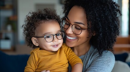 Mother and child wearing glasses for eye health and healthy vision after an eye examination by an optometrist