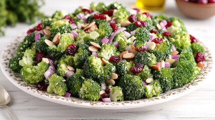 A platter of broccoli salad with cranberries, almonds, and red onion.