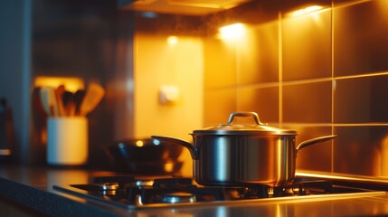 A Pot Simmers on a Stovetop in a Kitchen