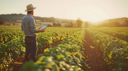 Fototapeta premium Agricultural man working on a tablet on a farm to analyze the sustainability, production or growth of the industry