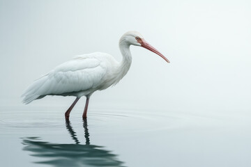 Obraz premium A serene white ibis with long red bill wading gracefully in calm, misty waters, capturing a moment of quiet beauty in nature.