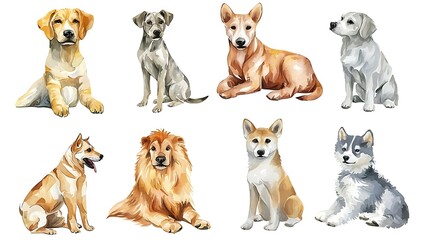 Fototapeta premium Safari Animal set dogs of different breeds in watercolor style. Isolated