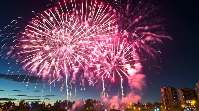 A dazzling fireworks finale illuminates the night sky, celebrating the conclusion of the Thanksgiving parade with vibrant colors and joy.