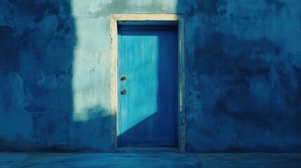 A bright blue door with a sunlit shadow sits on a matching blue wall.