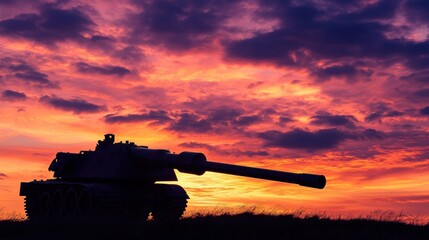 Silhouette of a tank against a fiery sunset sky.