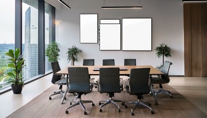 Business office meeting interior with board and chairs, mockup frames