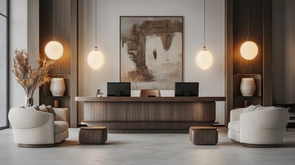 Elegant Modern Lobby Design with Warm Lighting and Chic Decor Featuring Minimalist Furniture and Stylish Artwork for Contemporary Spaces
