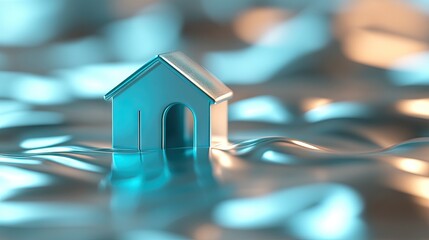 Small metallic house figurine on shimmering water surface, representing themes of loss, abandonment, and climate change impact on homes and communities.