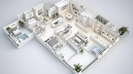 Fototapeta premium Modern Open-Concept Apartment Layout with Stylish Living Spaces, Kitchen, Bedrooms, and Relaxing Outdoor Area Ideal for Contemporary Living and Design Inspiration