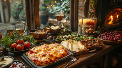 Fototapeta premium A table overflowing with a delicious and festive spread of food.