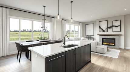 Modern Open-Concept Living Space Featuring Elegant Kitchen Island, Cozy Fireplace, and Beautiful Views of Green Fields in Bright Interior Design