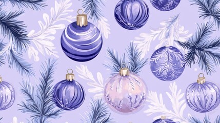 A seamless pattern of purple and blue Christmas ornaments against a light purple background.