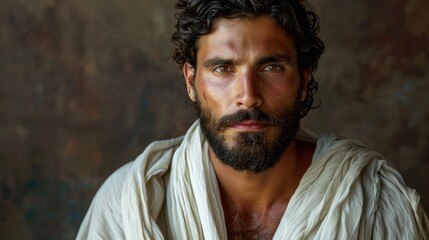Close-up portrait of a young man with a beard and a white robe, looking directly at the camera.