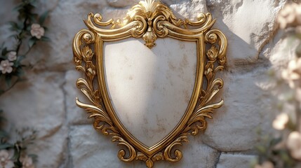 a gold shield with a white background