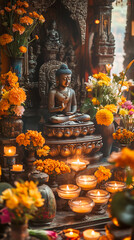 Fototapeta premium A beautifully arranged altar with candles, flowers, and offerings, highlighting the serene atmosphere and detailed decorations for Bodhi Day