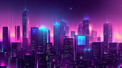 Fototapeta premium Illustration of a smart city at night, application development concept, smart city, Internet of things, smart life, information technology, gradient grid line, metaverse connection technology concept