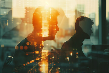 Obraz premium Silhouette of business people working in an office building, double exposure with the city and sunrise or sunset. High quality photo