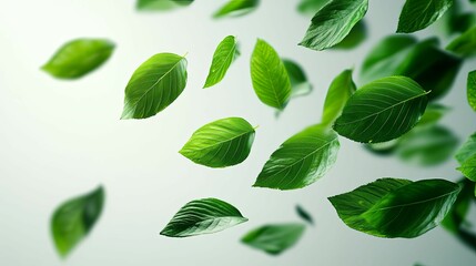 Fototapeta premium Green Leaves Falling Against a White Background