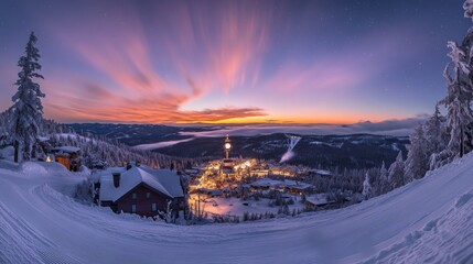A panoramic view of a snow-covered mountain village at dawn, with a vibrant sunrise sky.