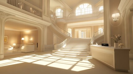 Fototapeta premium Elegant and Spacious Lobby with Grand Staircase and Abundant Natural Light in a Luxurious Interior Design Setting
