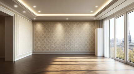 Elegant Empty Room Interior Design with Large Windows and Geometric Wallpaper