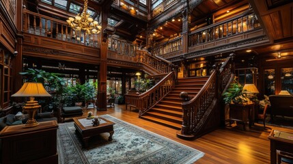 Exquisite Vintage Interior of a Grand Mansion Featuring Wooden Architecture, Elegant Staircase, Luxurious Decor, and Lush Greenery in a Sunlit Space