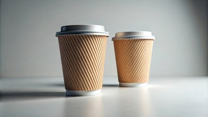 Two Disposable Paper Cups with White Lids on a Smooth White Surface