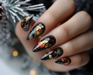 A close-up of beautifully manicured nails featuring black polish and floral decorations.