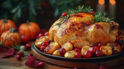 A roasted turkey with rosemary and cranberries, ready for a festive meal.