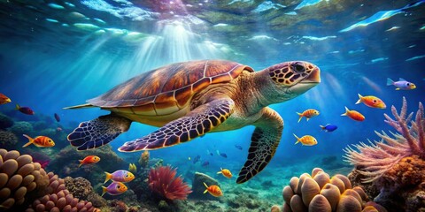 Obraz premium A majestic sea turtle glides gracefully through a vibrant coral reef, bathed in the ethereal glow of sunlight filtering through the crystal-clear water.