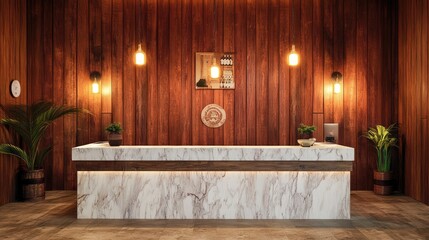 Modern Luxury Reception Area with Elegant Marble Desk, Wood Accents, and Soft Ambient Lighting Enhancing the Hospitality Experience for Visitors and Guests