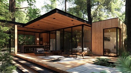 Modern minimalist house in lush green forest, featuring glass walls, wooden structure, and inviting outdoor living space, surrounded by nature's tranquility and beauty.