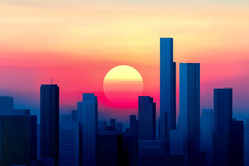 Fototapeta premium A stunning skyline at sunset, featuring tall buildings silhouetted against a vibrant, colorful sky with a large sun setting in the background.