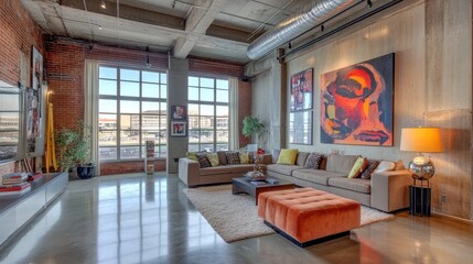 Modern Loft Living Space Featuring Artistic Décor, Spacious Design, Natural Light, and Stylish Lounge Furniture in a Vibrant Urban Setting